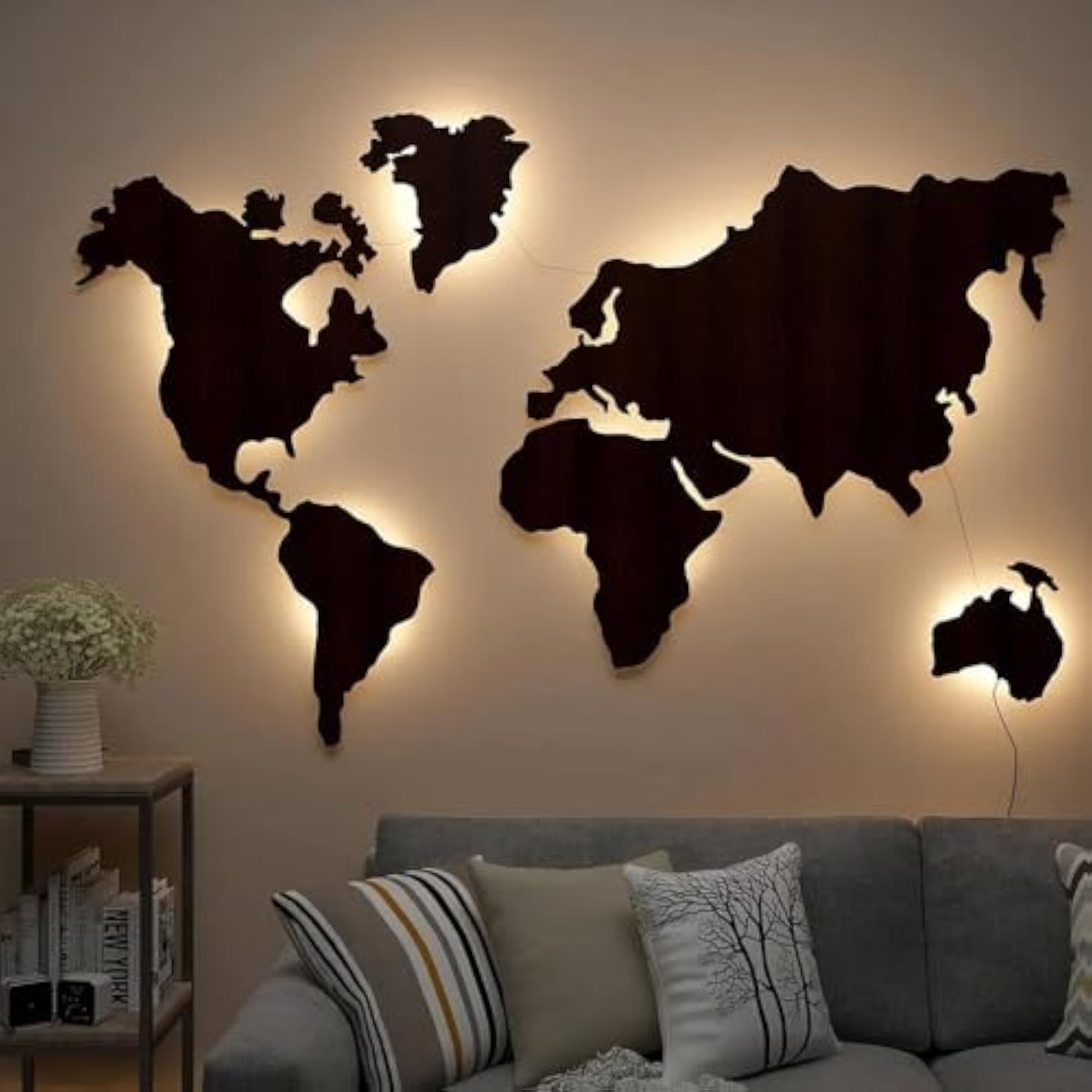 World Map Golden Yellow Backlit Wood Wall Decor & Night Light