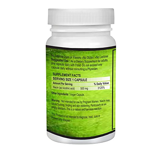 VITARUHE® Vitamin B3 Niacin (with flush) 500 mg (Pack Of 2) Nicotinic acid, high dose, Vegan - promotes blood circulation