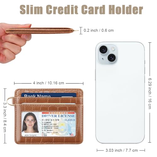 Image of Slim Credit Card Holder Crocodile Wallet Women Thin Wallets | Alligator Print RFID Blocking Minimalist Lightweight Pocket Small Cute Cards Holders ID Window, Brown Croc