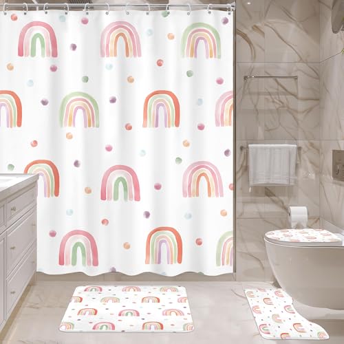 Image of Kids Girls Rainbow Shower Curtain Set Cute Girly Pink Bathroom Set | 4 PCS Bathroom Sets With 72Wx72H Inch Shower Curtain Non-Slip Bath Rug Toilet Lid Cover U Shape Mat