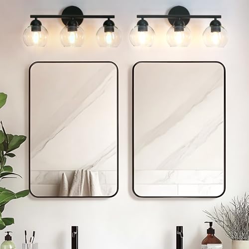 Image of 3 Light Bathroom Vanity Light, Black Vanity Light with Globe Glass Shades, Farmhouse Bathroom Light Fixtures Over Mirror, Modern Wall Lights for Bedroom Hallway, E26 Socket