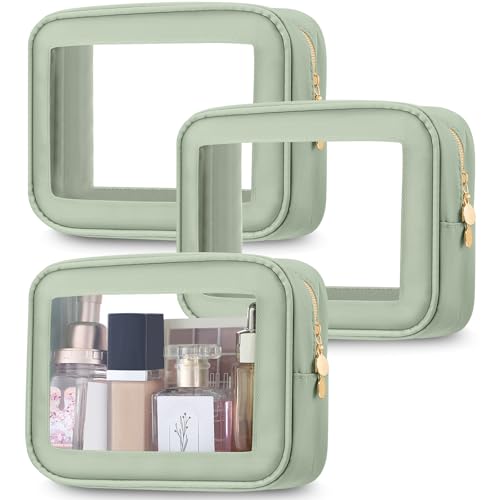 Abbylike 3 Pcs Clear Makeup Bags with Zipper Toiletry Bags for Car Essentials Nylon Cosmetic Pouches PVC Transparent Storage Pouch Travel Portable Organizer for Christmas Women Gift(Green,Small)