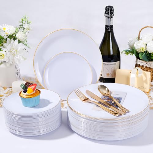 KIRE 200PCS Gold Plastic Plates - Disposable Plates for Party - White Plastic Plates with Gold Rim Include 100 for Dinner and 100 for Dessert/Salad in Wedding/Thanksgiving