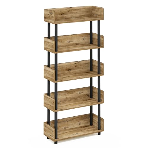 Image of Furinno Turn-N-Tube 5-Tier Multipurposes Display Rack, Open Shelf Rack/Storage with back & side panel, Flagstaff Oak/Black