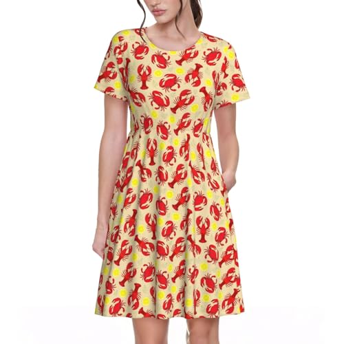 Robe d'été manches courtes femme imprimé homard crabe robe de plage