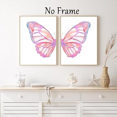Vintage Split Butterfly Wall Art Pink Blue Aesthetic Poster Retro Butterflies Watercolor Prints Trendy Preppy Poster Pink Blue Butterfly Wall Art Abstract Butterflies Wing Painting 16x24inx2 No Frame