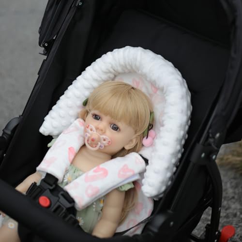 Image of Baby Car Seat Head Support Cushion and Strap Cover for Girls - Infant Carseat Insert Support Soft Minky Newborn Headrest Seatbelt Covers for Car Seat,Stroller,Bouncer,Pink Love