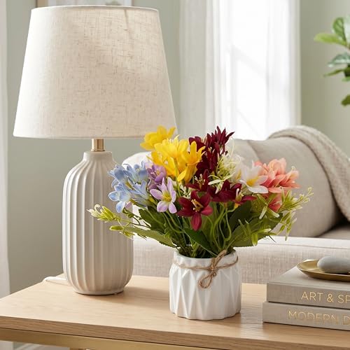 Image of Dekorly Artificial Lavender Plant in White Pot, 18cm - Realistic Faux Flower Arrangement for Home & Office Decor (Set of 1) (1, Multi Colour Lily Flower)