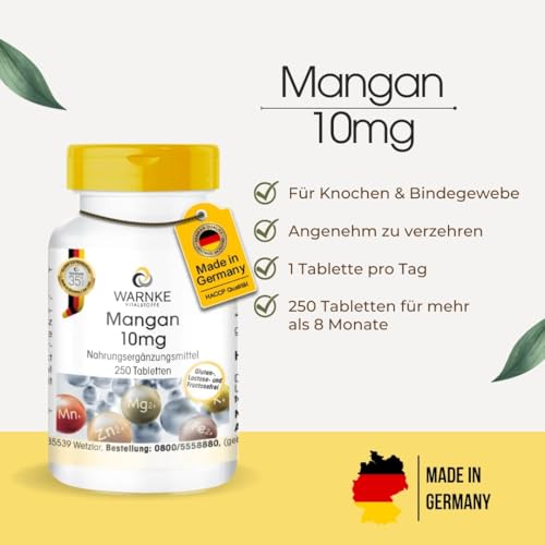 Mangan 10mg - 250 Tabletten - schluckfreundlich - 10mg Mangan pro Tablette - Mangangluconat - HOCHDOSIERT - Deutsche Apothekenqualität - vegan | Warnke Vitalstoffe
