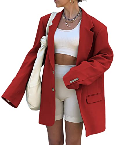 Grlasen Women Casual Elegant Long Sleeve Oversized Lapel Blazers Open Front Solid Work Office Jacket Blazer Red #TOP21