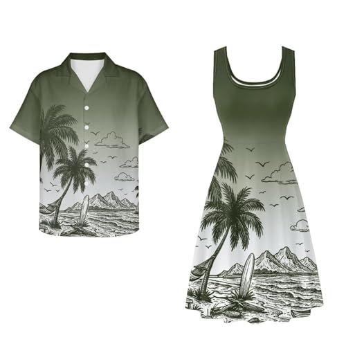 Image of Dreaweet Summer Dresses for Women A-Line Sleeveless Flowy Sun Dresses,Men's Casual Button-Down Shirts,Couple Matching Outfits