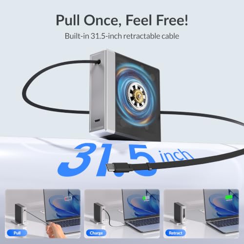 Image of Gitryin 140W GaN Retractable USB C Laptop Charger, for MacBook Pro Charger | Computer Charger with 31.5in Type-C Cable, 2 USB C Ports, Fast Charging for MacBook Pro /Air, iPad, iPhone 17 /16, Black