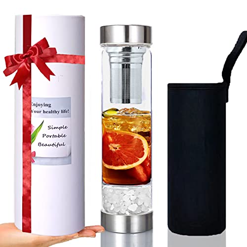 Nismcorg Crystal Glass Water Bottle - Tea Infuser Bottle with Tea Diffuser - Loose Leaf Tea Bottle with Removable Protective Sleeve and Handle - Wellness Glass and Steel White Quartz - 16.9 oz