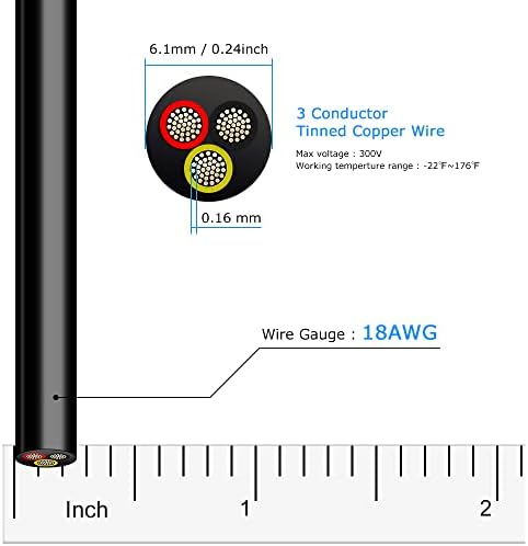 18 Gauge Electrical Wire 3 Conductor, 32.8ft Black PVC Case Stranded Low Voltage LED Cable, 18 AWG 3pin Tinned Copper Hookup Wire, Flexible Extension Power Cord for LED Lamp Lighting Strips Automotive