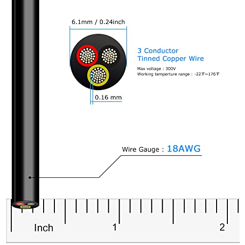 18 Gauge Electrical Wire 3 Conductor, 32.8ft Black PVC Case Stranded Low Voltage LED Cable, 18 AWG 3pin Tinned Copper Hookup Wire, Flexible Extension Power Cord for LED Lamp Lighting Strips Automotive