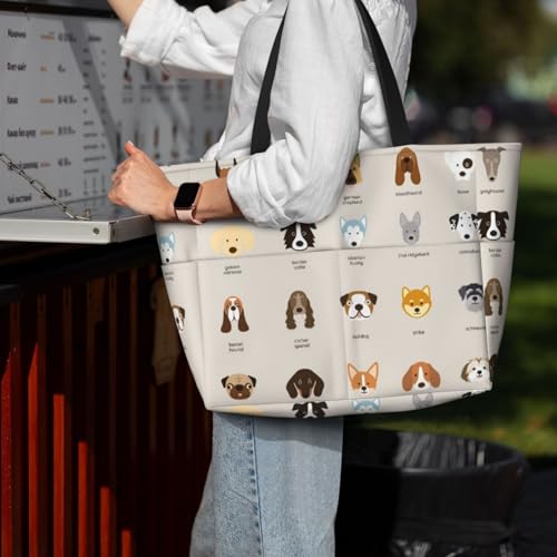 FLYIFE Bedruckte Strandtasche mit Hundemotiv, große Kapazität, Schultertasche für Damen, mit 7 Taschen, faltbar, Schwarz , Einheitsgröße