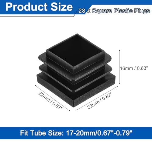 Image of uxcell 28Pcs Square Plastic Plugs, 22 x 22mm /0.87 x 0.87inch PE Pipe Tubing End Caps for 17-20mm /0.67-0.79inch Square Tube Furniture Chair Leg, Black