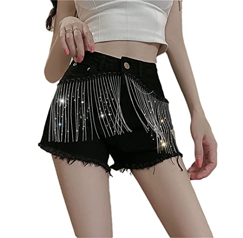 Short d'été pour femme taille haute ample noir M avec pompons et poches