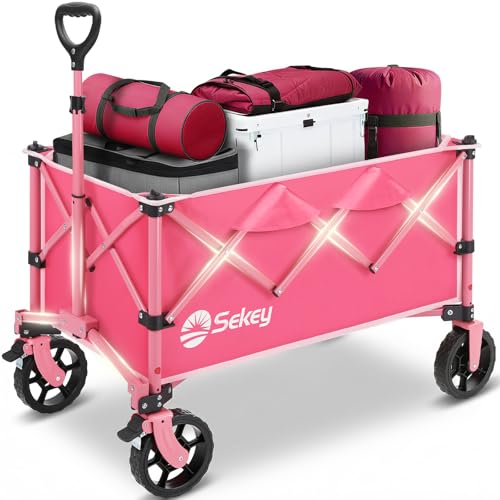 Sekey Collapsible Foldable Wagon with 300lbs Weight Capacity Heavy Duty Folding Wagon Cart with Big All-Terrain Wheels.Pink