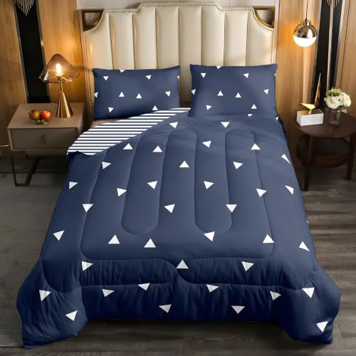 Edredon Cama 90/105 Motivos Geométricos Bedding Edredón Triángulos Azul Grisáceos 180x200 cm, Edredón de Fibra 200Gsm, Transpirable Colcha, con 2 Fundas de Almohada 50x75 sm1881