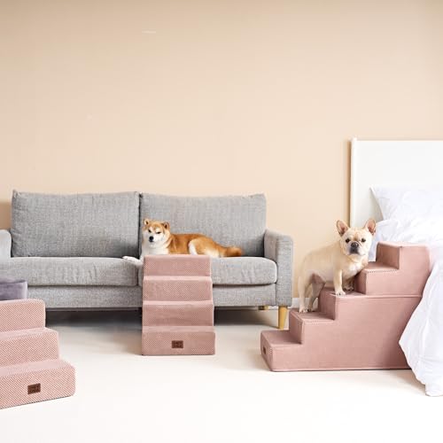Image of EHEYCIGA Dog Stairs for Bed 18 inch H, 4-Step Dog Steps for High Bed, Pet Steps for Small Dogs and Cats, Non-Slip Balanced Pet Ramp Indoor, Pink