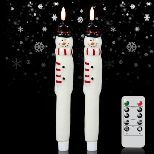 Image of Christmas Taper Candles, LED Flameless Taper Candles with Timer, 2 Pcs Christmas Snowman Flameless Candlesticks with 3D Flame, Christmas Decorations for Home Decor(0.79 inch x 11.4 inch)