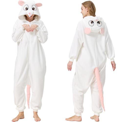 HMHMAWAHV Adult White Rat Onesie Mouse Halloween Costume Animal Cosplay One-Piece Pajamas for Women and Men