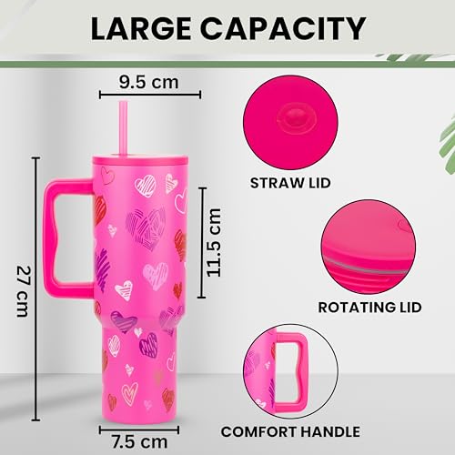 Image of CYNVEXA Tumbler with lid and Straw 1200ML Cup Stainless Steel Vacuum Insulated Tumbler for Water, Iced Tea or Coffee 1.2L Office Gym Travelling (Dark Pink Heart)