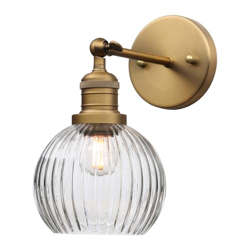 Image of PERMO Antique Wall Sconces with Clear Ribbed Globe Glass Shade Vintage Gold Sconce Indoor Wall Mount Light Fixture for Loft Kitchen Living Room