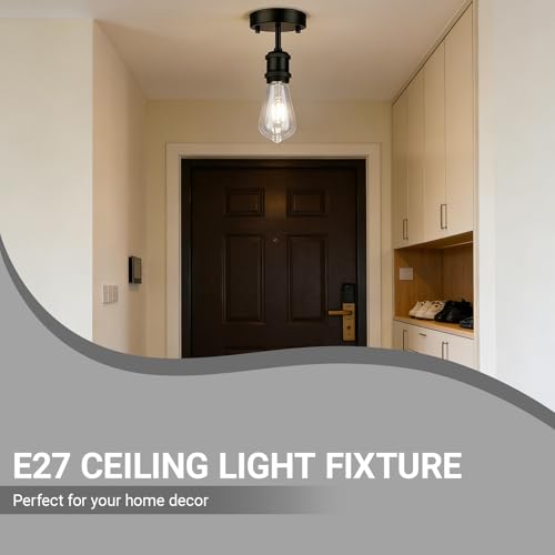 Single Head Semi Flush Mount Ceiling Light, Retro E27 Lamp Ceramic Holder, Industrial Kitchen Ceiling Light Fixture (Black) - Image 6