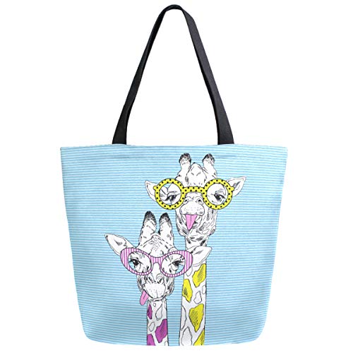 ZzWwR Cute Cartoon Couple Giraffe with Sunglasses Extra Large Canvas Market Beach Travel Reusable Grocery Shopping Tote Bag Portable Storage HandBags