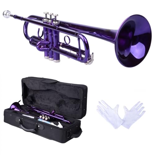 Trumpet Adjustable B Flat Trumpet Brass Metal Trumpet Gloves Set for Beginner, Student Trumpet Metal Instrument with Mouthpiece, Case, Mouth of Trumpet and Gloves (Violet)