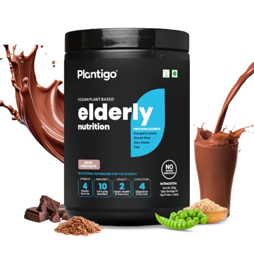 Image of Plantigo Superior 51+ Plant Protein Powder for Seniors | Elders, Old Men & Women | No Sugar, Low Calories | Pea Protein, Oats | Heart Health & Muscle Recovery, Protein (Swiss Chocolate - 500g)