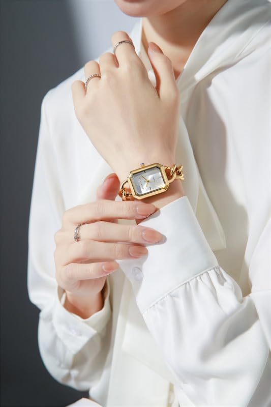 Image of Giordano Elegant Watch for Women with Gloss Sunray Dial, Quartz Movement, Rectangular Case, Stainless Steel Chain Strap and Blue Crown Accent