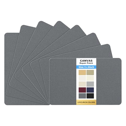 KING MOUNTAIN Canvas Repair Patch 5×8 Inch 8 Pcs Self-Adhesive Waterproof Fabric Patch for Sofas, Tents, Furniture,Tote Bags, Car Seats (Charcoal Grey)
