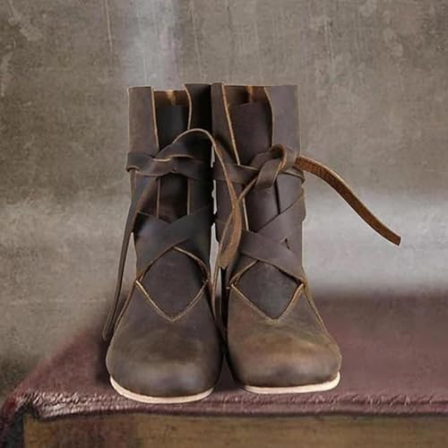 Cowboy Boots for Men Renaissance Medieva Booties Halloween Viking Pirate Steampunk Riding Long Boots Vintage Suede Waterproof Lace Up Mid Calf Boot4