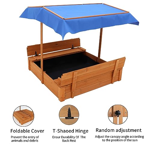 Wooden Cedar Sand Box, Large Kids Sand Boxes with Adjustable Canopy, 2 Foldable Bench Seats, Sand Protection, Bottom Liner, Sand Boxes for Backyard Garden, Sand Pit for Beach Patio Outdoor (47 Inch)