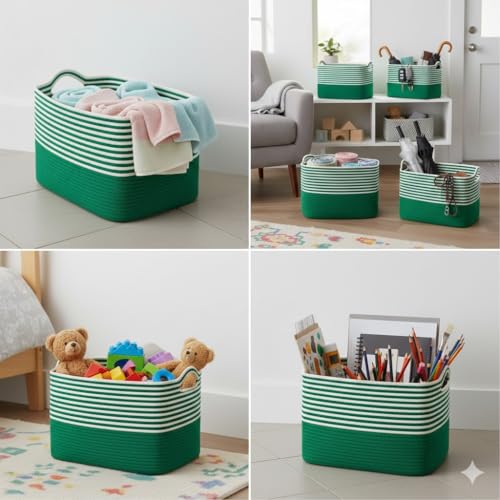 Image of Large Storage Basket, Woven Blanket Basket, Toy Basket with Handle, Laundry Hamper for Living Room, Nursery, Bedroom- 20x15x12 (LXWXH) (green mix)
