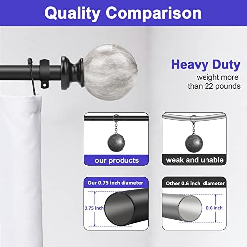 PinLin Curtain Pole with Marble Ball Finials, 56-107cm for Black Curtain Rod with Brackets Fittings Set Curtain Poles for Living Room
