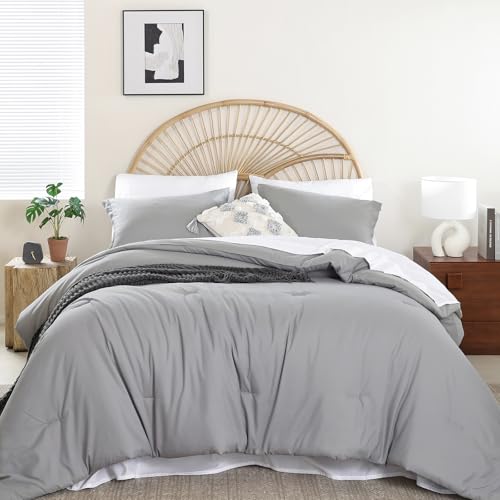 Image of weigelia King Size Comforter Set 7 Pieces Grey Bed Comforter Set Bed in a Bag Solid Color Soft Microfiber King Bedding Set with Sheets Pillow Shams and Pillowcases