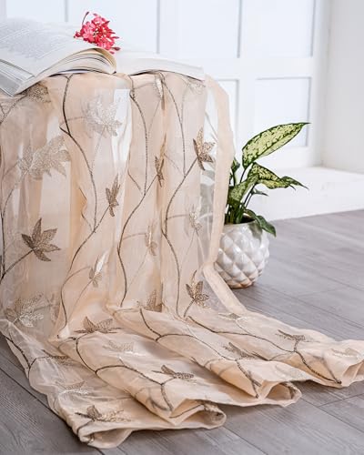 Image of (5 Ft Sheer Tissue with Embroidery Flower Designn | Grommet Curtains Window Curtain | Window Curtain (Brown) | for Home | (Pack of 2) | 152 L X 121 W Centimeters