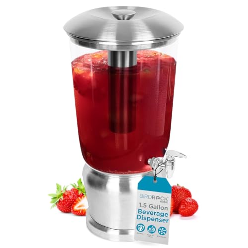 BirdRock Home 1.5 Gallon Stainless Steel Beverage Dispenser with Ice Container, Stand & Spigot - Round - BPA Free Clear Tritan Plastic