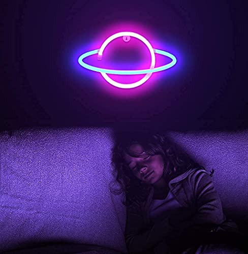 Lumoonosity Planet Neon Sign - USB Powered Saturn LED Light with On/Off Switch, Planet Led Sign for Wall Decor - Aesthetic Hanging Saturn Neon Light for Bedroom, Gaming Room