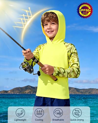 Image of Boys Rash Guard Swim Hoodie, Kids Long Sleeve Sun Fishing Shirts
