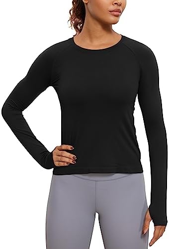 CRZ YOGA Womens Seamless Ribbed Workout Long Sleeve Shirts Quick Dry Gym Athletic Tops Breathable Running Shirt