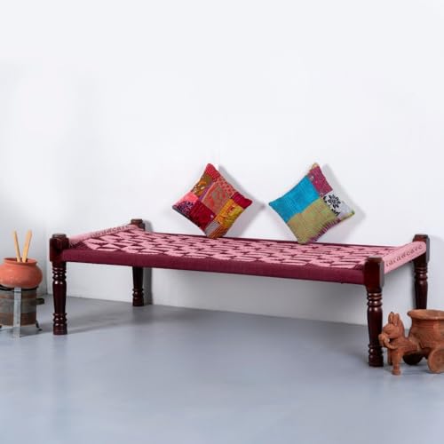 Image of Solid Sheesham Wood Charpai Khat | Handcrafted Daybed Khatiya Charpai with Cotton Rope | Traditional Khat Bed Wooden Diwan Cot for Living Room | 6X3 Feet | Red and Light Pink