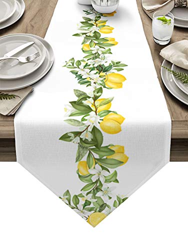 Edwiinsa Cotton and Linen Triangle Table Runners 72 Inches Long, Summer Lemons White Floral Swirls Dresser Scarves Table Decoration for Wedding Party/Graduation Ceremony/Banquet (16x72 inch)