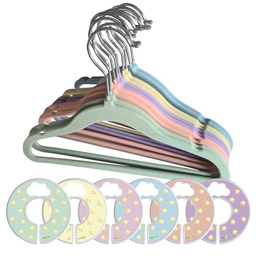 Perchas Infantiles Terciopelo Bebés, Niños, Recién Nacido. Pack 30. Color Pastel. Antideslizante,Plástico Reciclado. Regalo Separadores Ropa Armario. Multicolor: Rosa,Azul,Verde,Morado..Cabides Veludo