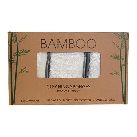 Non-Scratch Reusable Cleaning Sponges/Pads/Scrubbers/Scourers - 16x9cm - Pack of 6 : Microfibre / Bamboo : Kitchen - Car - Bathroom - Dish - Glass - Washing Up Cover