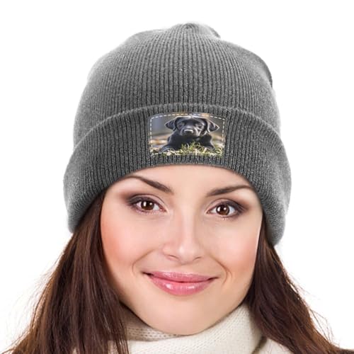 YUXBVKRS Labrador Puppy Beanie Mützen – Weiche Unisex Wintermütze & Manschetten Strickmütze Schädel Kappe für Damen & Herren, Charcoal-Labrador Puppy, Einheitsgröße